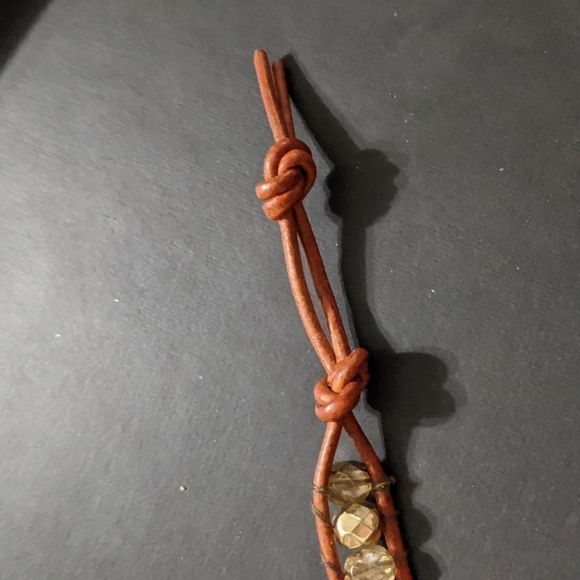 Gold Tone Beaded and Brown Leather Cord Statement Bracelet - Picture 4 of 6